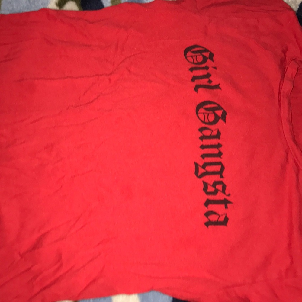 Red and black lettered shirt